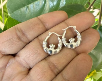 Sterling Silver Celtic Claddagh Earrings - Dainty Lite MINI 16mm Irish Love Hoops