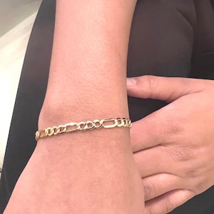 10K Yellow Gold Figaro Chain Link Bracelet -Real 10K Yellow Gold 7&quot; Figaro Bracelet -10K Yellow Gold 4.7mm Figaro Lite Link Women&#39;s Bracelet
