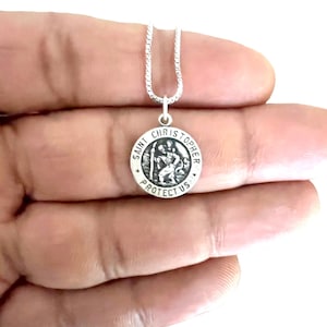 Saint Christopher Pendant Necklace - Sterling Silver Antiqued St Christopher Medal Mini 1/2&quot; Round & Mini 1/2&quot; Oval St Christopher Necklace