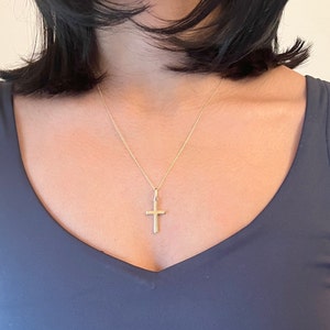 14k Real Gold Cross Pendant, Crucifix 1.10” Lite Pendant, Optional Dainty 1.0mm Cable Chain