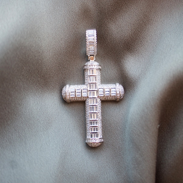 Iced Out CZ Sterling Silver Cross Pendant - Sterling Silver CZ Cross Pendant - Baptism Cross Pendent -Religious Cubic Zirconia Cross Pendant