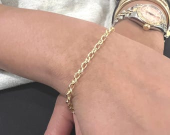 14K Real Yellow Gold Rolo Link 3.2mm Bracelet-Yellow Oro Bracelet-Dainty Lite 7 Inch Bracelet
