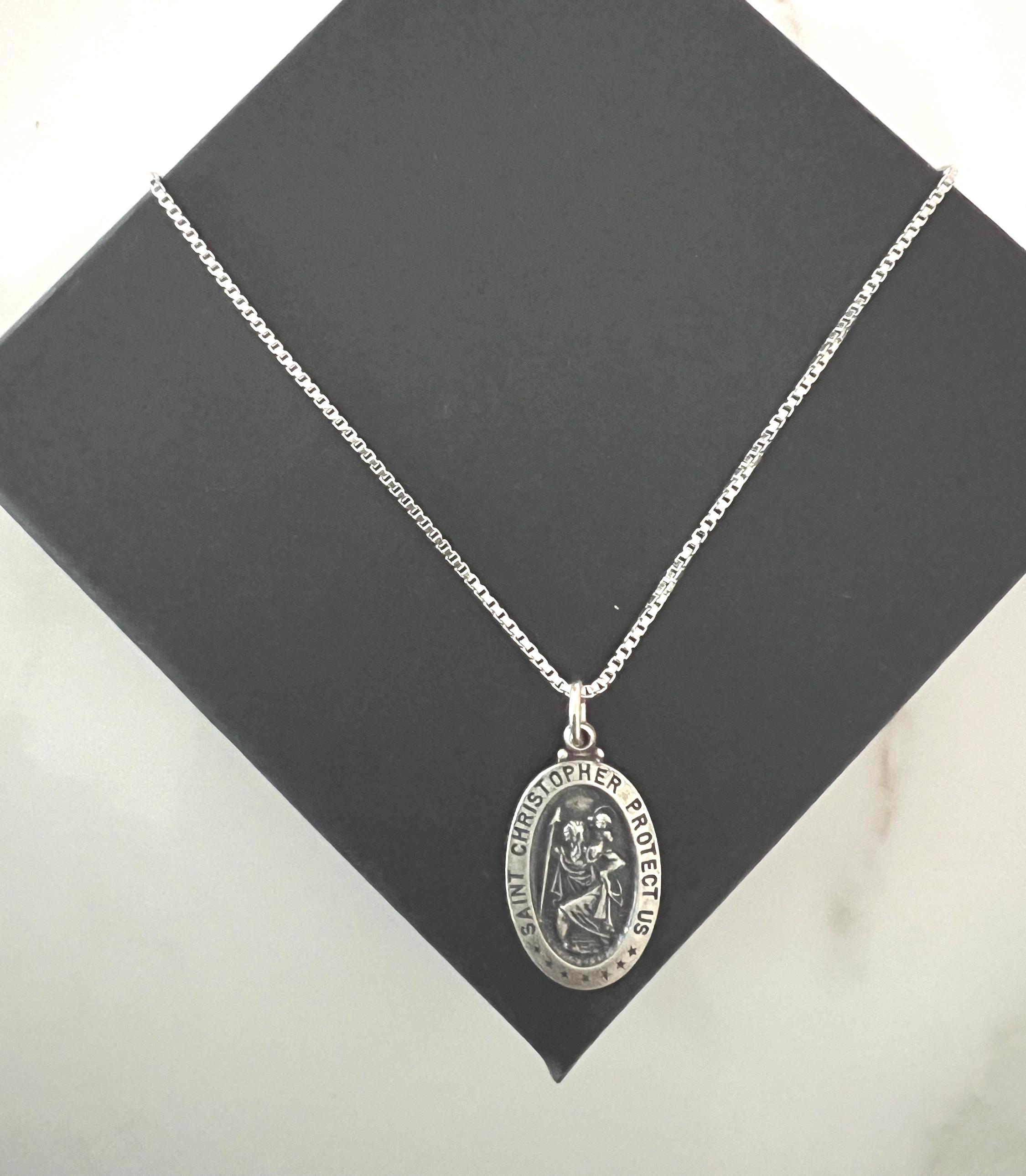 Sterling Silver Saint Christopher Necklace - Antiqued St Christopher Small 28mm Oval Necklace - Sterling Silver 1.3mm Box Necklace Men Women