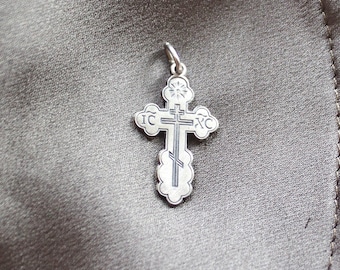 Sterling Silver Antiqued Eastern Orthodox IC XC NIKA Mini 3/4" Oxidized Cross-Optional 1.1mm BoxChain
