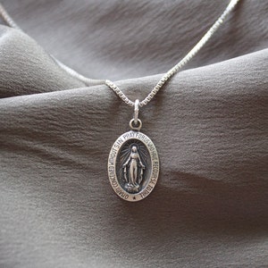 Sterling Silver Miraculous Virgin Mary Antiqued MINI 19mm-SMALL 24mm Oxidized Pendant-Optional 1.1mm Box Chain