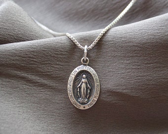 Sterling Silver Miraculous Mary Pendant, Antiqued Virgin Mary Oval Pendant, Optional Sterling Silver 1.1mm Box Necklace, Men & Women Gift