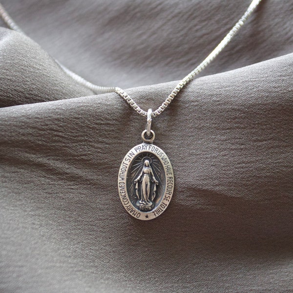 Sterling Silver Miraculous Mary Pendant, Antiqued Virgin Mary Oval Pendant, Optional Sterling Silver 1.1mm Box Necklace, Men & Women Gift