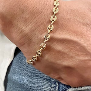 14K Gold Puffed Mariner Link Chain Bracelet -14K Real Yellow Gold Puffed Mariner 7&quot; Bracelet -14K Gold 3D Hollow Puffed 4.7mm Link Bracelet