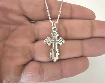 Sterling Silver Antiqued Eastern Orthodox IC XC NIKA 28mm Oxidized Cross-Optional 1.3MM Box Chain