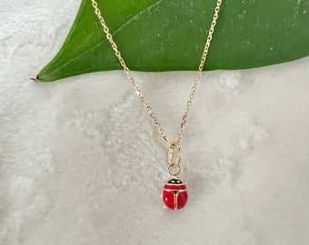 14K Real Yellow Gold Ladybug Pendant-14k Enameled Ladybug Charm-Delicate Small Mini Tiny 1/2" Pendant