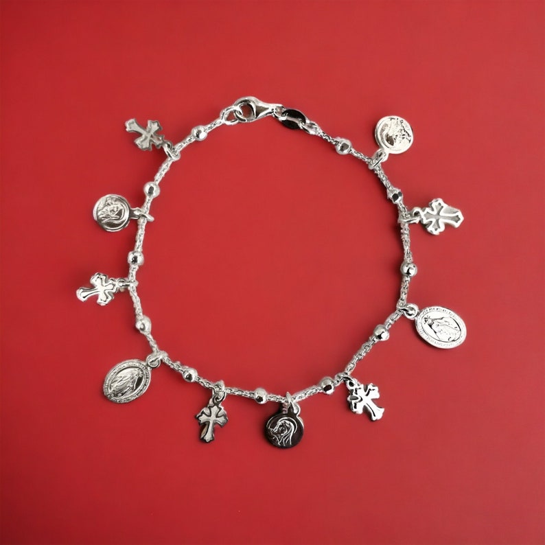 Blessed Virgin Mary Charm Bracelet, Mother Mary Religious Bracelet, Cross Charm Bracelet, 7.25 Sterling Silver Italian Charm Bracelet image 7
