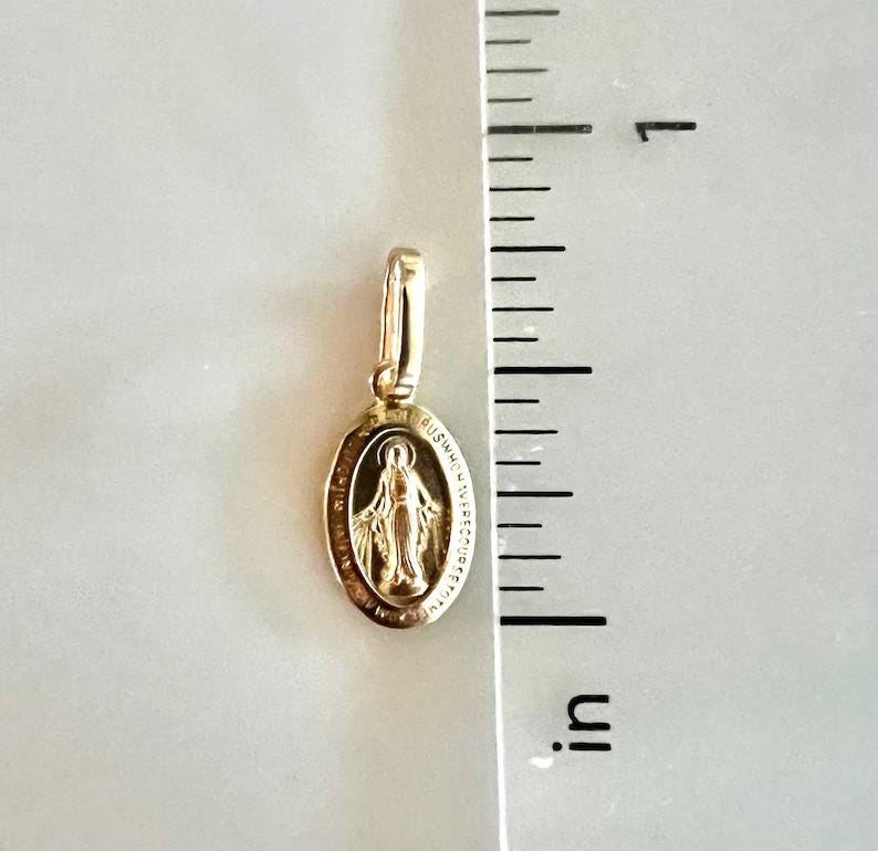 14K Real Yellow Solid Gold Virgin Mary Medal-Dainty Mini Double Sided Miraculous 3/4" Pendant image 8