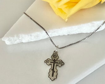 Sterling Silver Antiqued Eastern 28mm Orthodox IC XC NIKA Oxidized Cross-Optional 1.3mm Box Chain