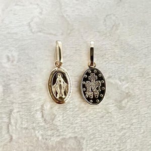 14K Real Yellow Solid Gold Virgin Mary Medal-Dainty Mini Double Sided Miraculous 3/4" Pendant image 6