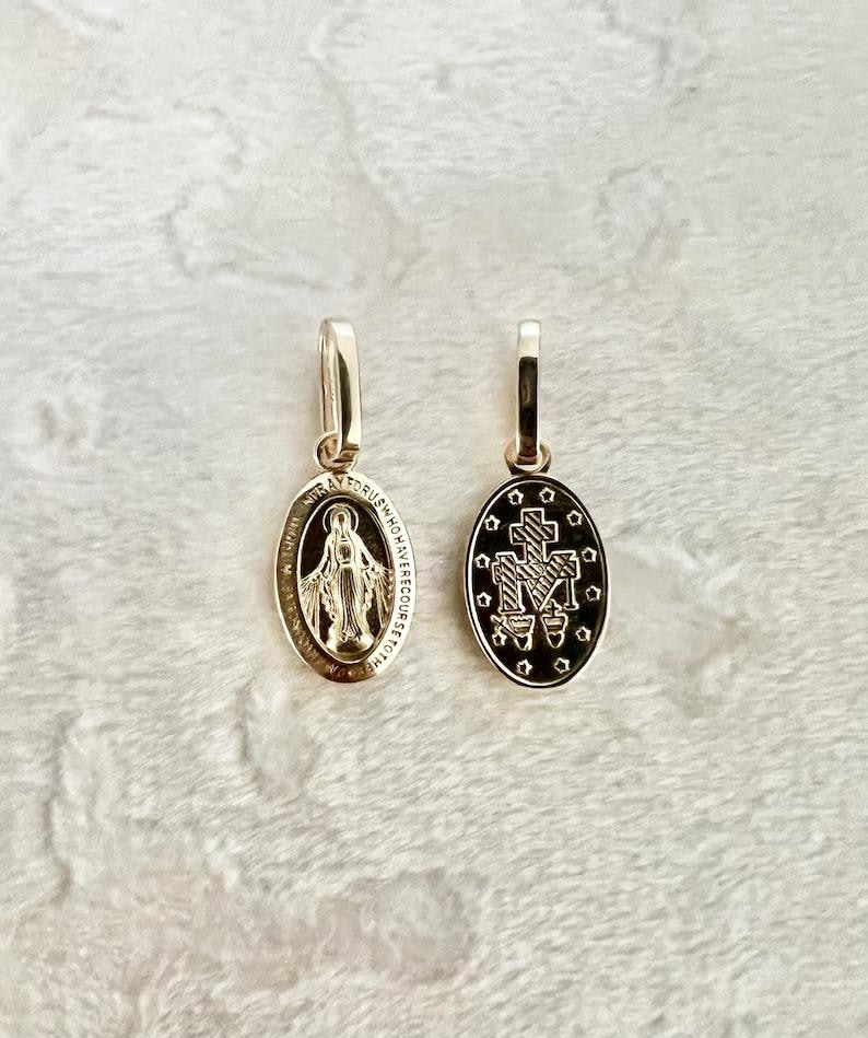 14K Real Yellow Solid Gold Virgin Mary Medal-Dainty Mini Double Sided Miraculous 3/4" Pendant image 6