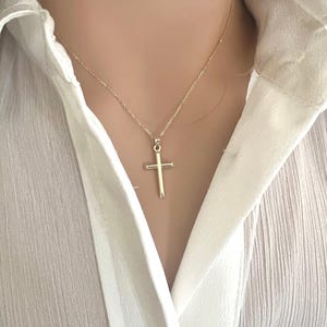 10K Real Gold Cross Pendant - Small Mini 3D Lite Cross - Optional Dainty 1.0mm Chain