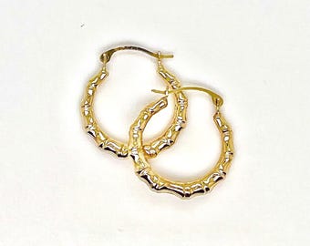 10K Real Yellow Gold Bamboo Hoop Earrings-Small Lite 3/4" Textured Hoop Women Earrings