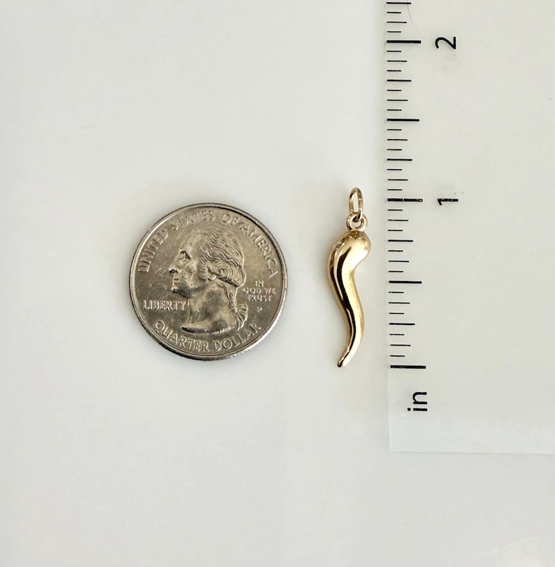 14K Real Yellow Gold Italian Horn Pendant-Cornicello Protection 3D Hollow Small Dainty 25mm Charm image 4