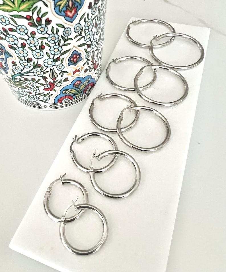 Sterling Silver 3mm Hoop Earrings: Polished Round Hoops 20mm,25mm,30mm,35mm,40mm image 5