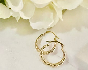 10K Real Yellow Gold Bamboo Hoop Earrings-Small Lite 3/4" Textured Hoop Women Earrings