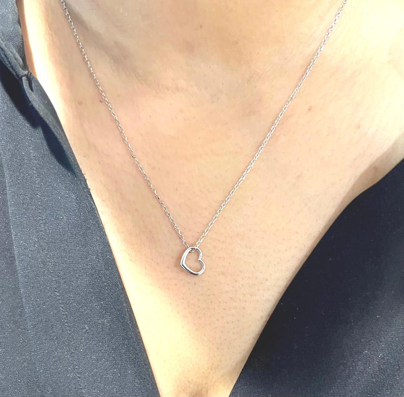 10K Real White Gold Open Heart Pendant: Teeny Tiny Floating Heart-Optional Dainty Cable Chain image 1