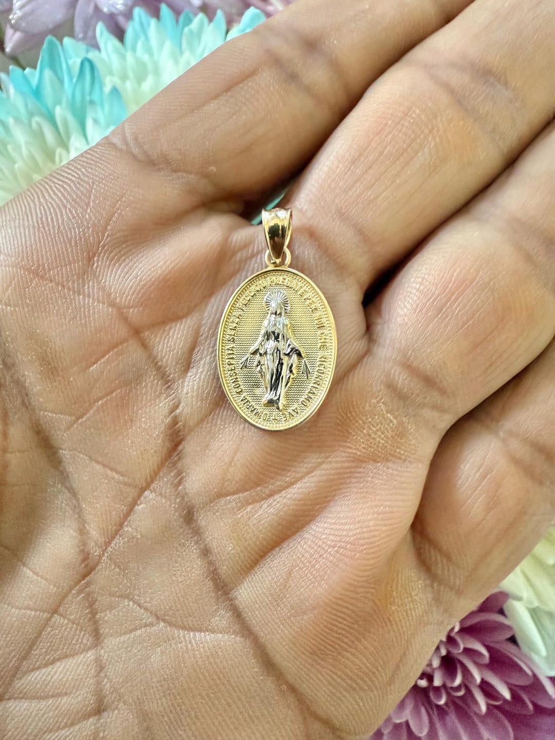 14K Real Gold Miraculous Medal Pendant, Virgin Mary Twotone Double ...