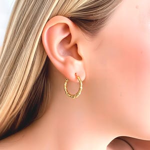 10K Gold Bamboo Earrings Hoop Earrings, 10K Real Yellow Gold Small 3/4&quot; Hoops, Textured Bamboo Hoop Earrings, Women Bamboo Hoop Earring Gift