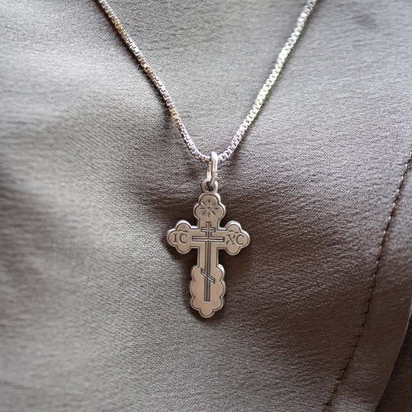 Sterling Silver Orthodox Cross Necklace - Antiqued Eastern Orthodox Dainty 3/4" Cross Necklace - Optional Sterling Silver 1.1mm Box Chain