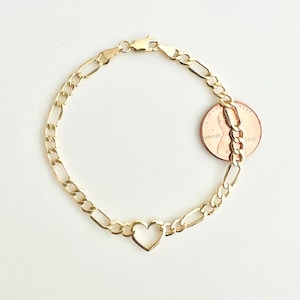 10K Real Yellow Gold Heart Figaro Dainty Lite 7&quot; Bracelet & 18&quot; Necklace Gift