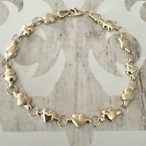 14K Yellow Gold Heart Link Chain Bracelet-Real 14K Gold Heart Chain 7&quot; Inch Dainty Bracelet-Polished&Satin Hollow Puffed Heart 5mm Bracelet