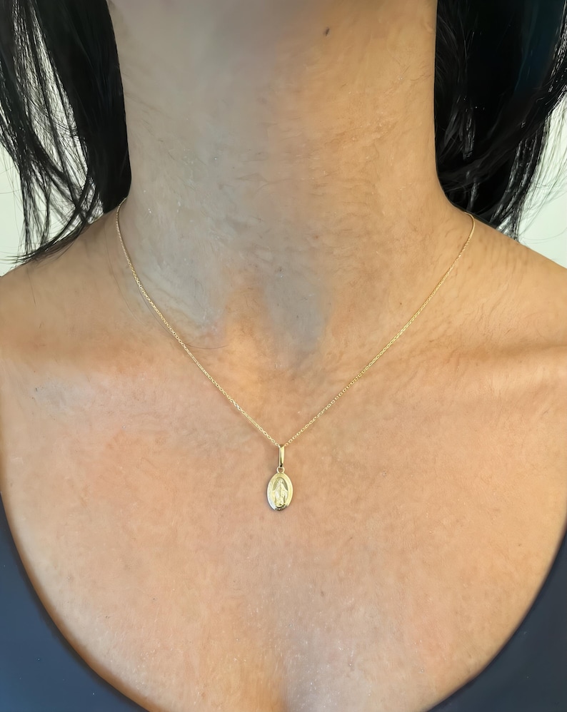 14K Real Yellow Solid Gold Virgin Mary Medal-Dainty Mini Double Sided Miraculous 3/4" Pendant image 3