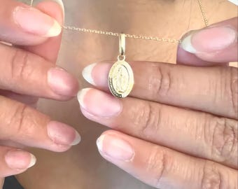 14K Real Yellow Solid Gold Virgin Mary Medal-Dainty Mini Double Sided Miraculous 3/4" Pendant