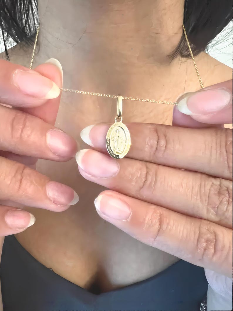 14K Real Yellow Solid Gold Virgin Mary Medal-Dainty Mini Double Sided Miraculous 3/4" Pendant image 1