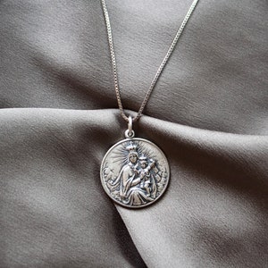 Sterling Silver Our Lady of the Holy Scapular Medal - Round Scapular Necklace Pendant with 1.3mm Box Chain- Silver Pendant Jewelry for Women