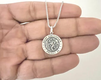 Sterling Silver St. Christopher Antiqued Small 25mm Oxidized Pendant-Optional 1.3mm Box Chain Necklace Gift