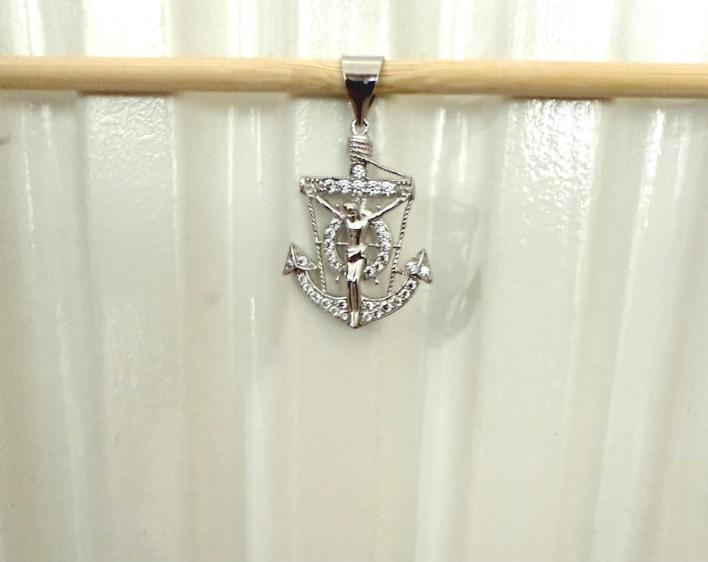 Anchor Crucifix Sterling Silver CZ Pendant-Small 1 1/4" Jesus Cross Anchor Cubic Zirconia Charm Bild 2