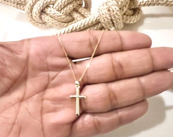 10K Real Yellow Gold Cross Pendant-Small Mini Lite 24mm Cross-Optional Dainty Thin Cable Chain
