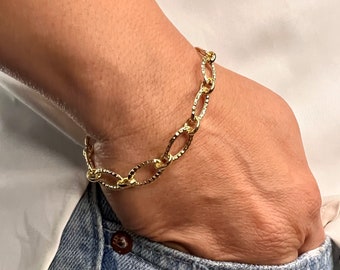 Pulsera de cadena ovalada de oro amarillo auténtico de 14 quilates - Texturizada, hueca, de 8,6 mm, 7,25 pulgadas - Joyería apilable para uso diario