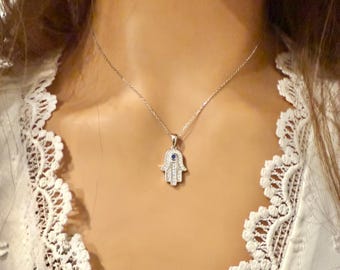 Sterling Silver Hamsa Hand Pendant - Spiritual Protection Small Dainty Blue CZ Pendant