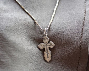 Christian Eastern Orthodox Cross Necklace-Sterling Silver Antiqued Eastern Orthodox Small 3/4" Cross-Optional Sterling Silver 1.1mm Chain