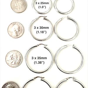 Sterling Silver 3mm Hoop Earrings: Polished Round Hoops 20mm,25mm,30mm,35mm,40mm image 2
