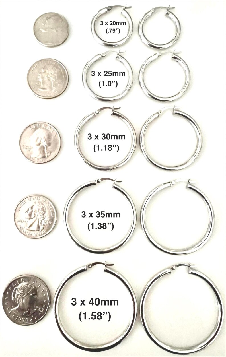 Sterling Silver 3mm Hoop Earrings: Polished Round Hoops 20mm,25mm,30mm,35mm,40mm image 2