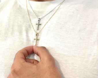 14K Real Gold Dainty Tubular Cross-14Karat White or Yellow Gold Lite Small 25mm Pendant