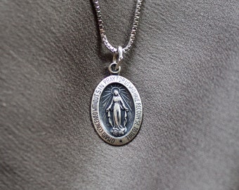 Sterling Silver Miraculous Virgin Mary Antiqued Pendant-Mini 19mm-Small 24mm Oxidized Pendant-Optional 1.1mm Box Chain