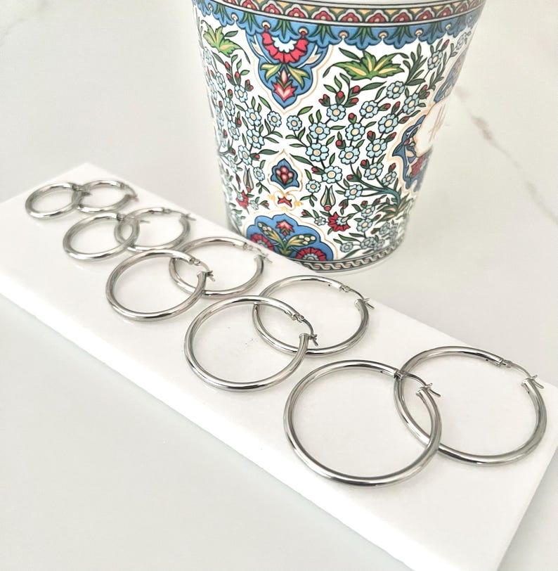 Sterling Silver 3mm Hoop Earrings: Polished Round Hoops 20mm,25mm,30mm,35mm,40mm image 3