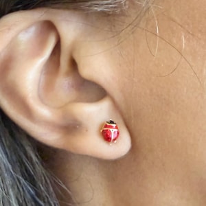 May include: A small stud earring shaped like a ladybug, featuring a vibrant red body with black spots and a black head, secured in the earlobe. The jewelry piece is crafted with a polished finish, showcasing a detailed insect design.