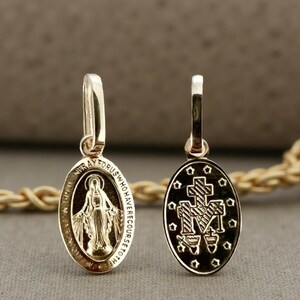 14K Real Yellow Solid Gold Virgin Mary Medal-Dainty Mini Double Sided Miraculous 3/4" Pendant image 2