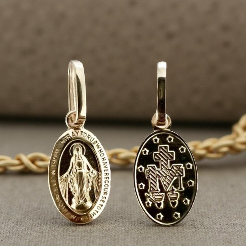 14K Real Yellow Solid Gold Virgin Mary Medal-Dainty Mini Double Sided Miraculous 3/4" Pendant image 2