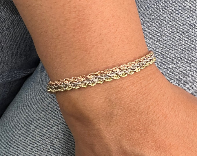 Tricolor Gold Triple Rope Chain Bracelet 10k Tricolor Solid Gold Rope
