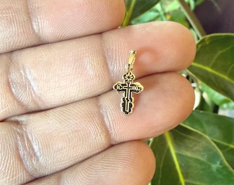 14K Solid Yellow Gold Orthodox Cross-IC XC NIKA Crucifix Pendant-Mini Tiny Russian Greek Cross
